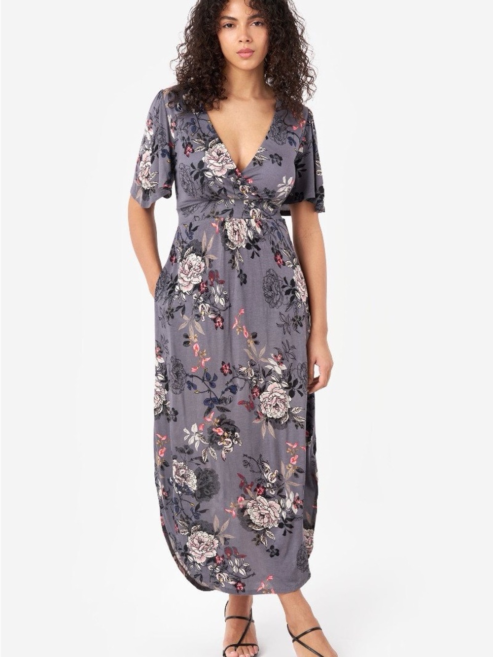 Seven7 Grey Floral Molded Cup Flutter Sleeve Dress Size S